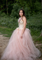 2-Piece Couture Wedding Corset Set with Detachable Tulle Train & Handmade Florals